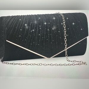 Black Sparkle Envelope Clutch with Silver Chain Strap